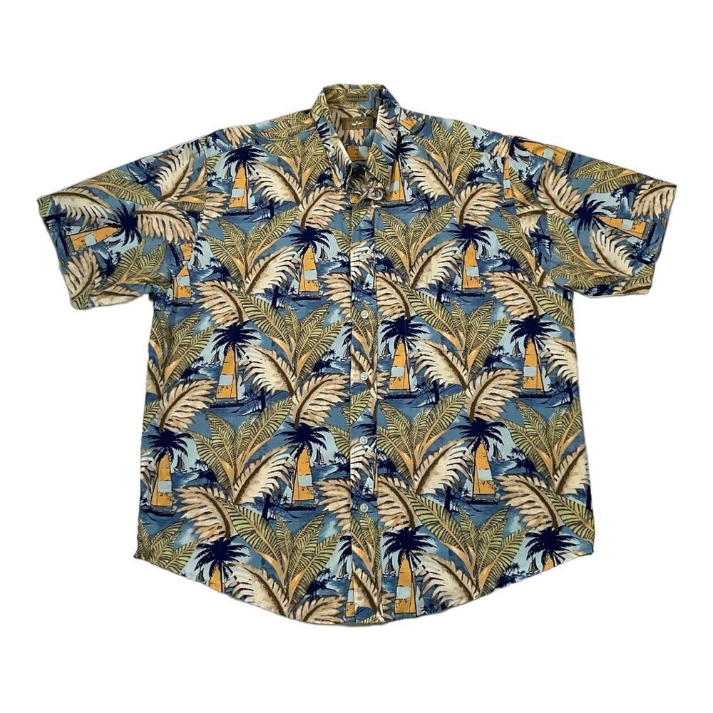 Natural Issue Hawaiian Men’s Size L  Aloha Palm Leaves Tropical Ship Blue Shirt